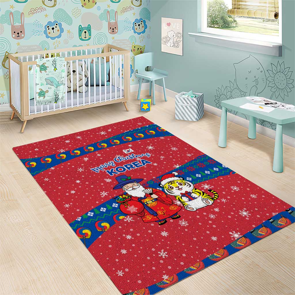 Korea Christmas Area Rug with Santa in Hanbok Tiger Character and Traditional Mask Pattern Design - Wonder Print Shop