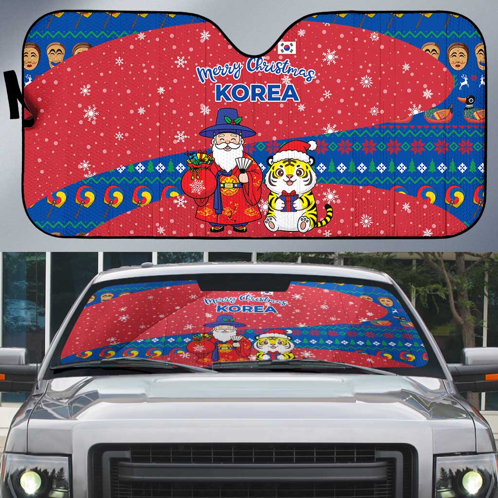 Korea Christmas Auto Sun Shade with Santa in Hanbok Tiger Character and Traditional Mask Pattern Design - Wonder Print Shop