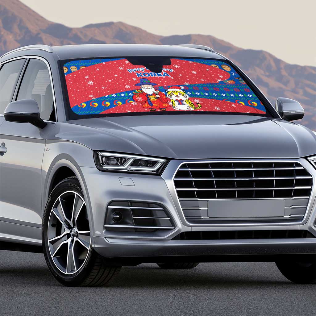 Korea Christmas Auto Sun Shade with Santa in Hanbok Tiger Character and Traditional Mask Pattern Design - Wonder Print Shop
