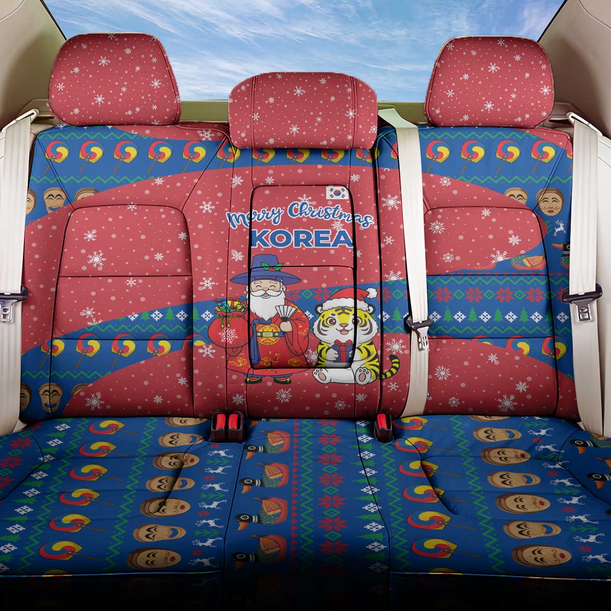 Korea Christmas Back Car Seat Cover with Santa in Hanbok Tiger Character and Traditional Mask Pattern Design - Wonder Print Shop