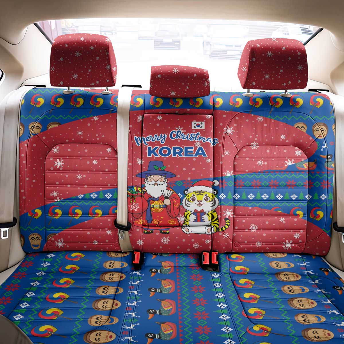 Korea Christmas Back Car Seat Cover with Santa in Hanbok Tiger Character and Traditional Mask Pattern Design - Wonder Print Shop