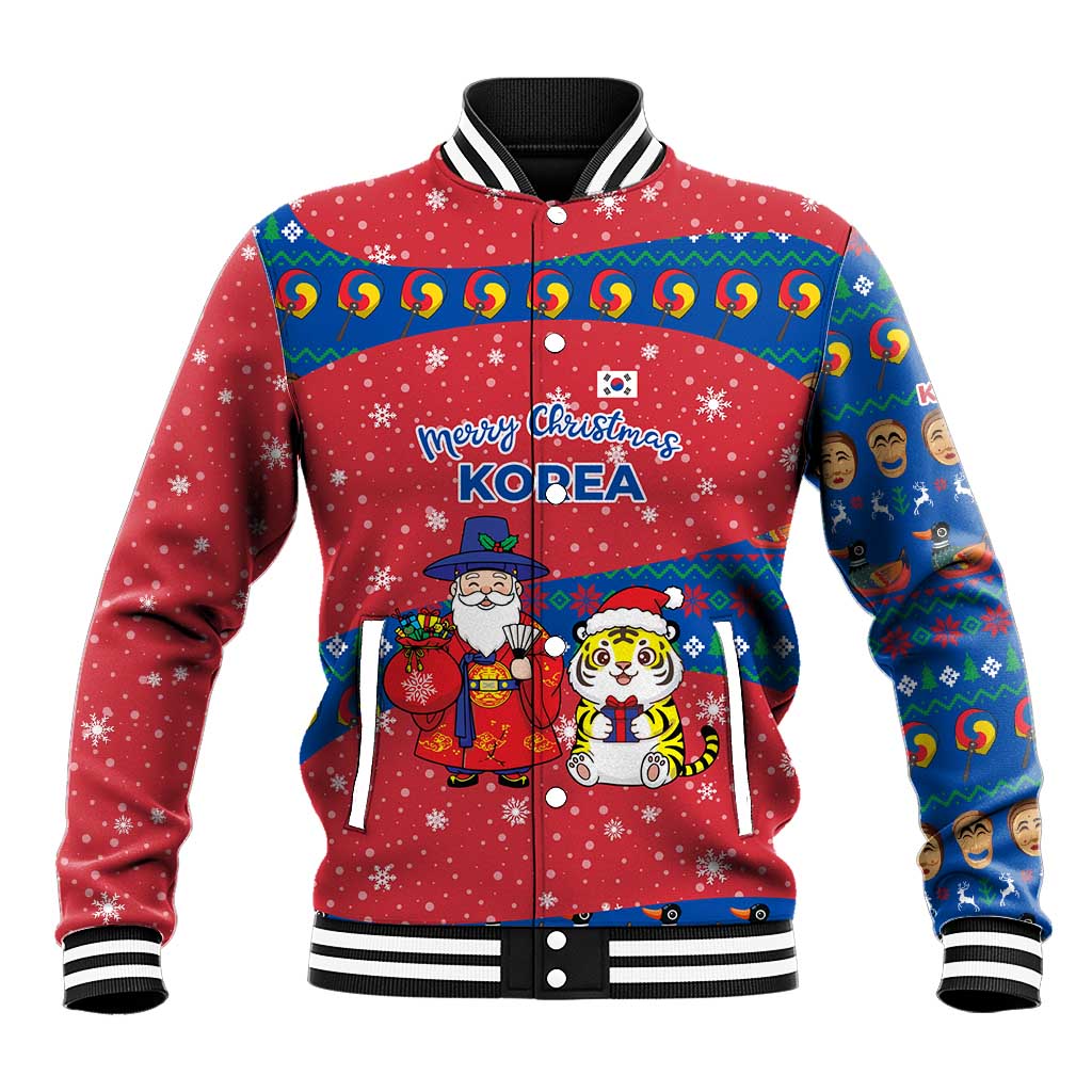 Korea Christmas Baseball Jacket with Santa in Hanbok Tiger Character and Traditional Mask Pattern Design - Wonder Print Shop