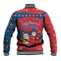 Korea Christmas Baseball Jacket with Santa in Hanbok Tiger Character and Traditional Mask Pattern Design - Wonder Print Shop