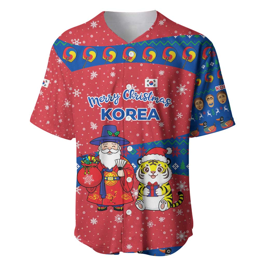 Korea Christmas Baseball Jersey with Santa in Hanbok Tiger Character and Traditional Mask Pattern Design - Wonder Print Shop