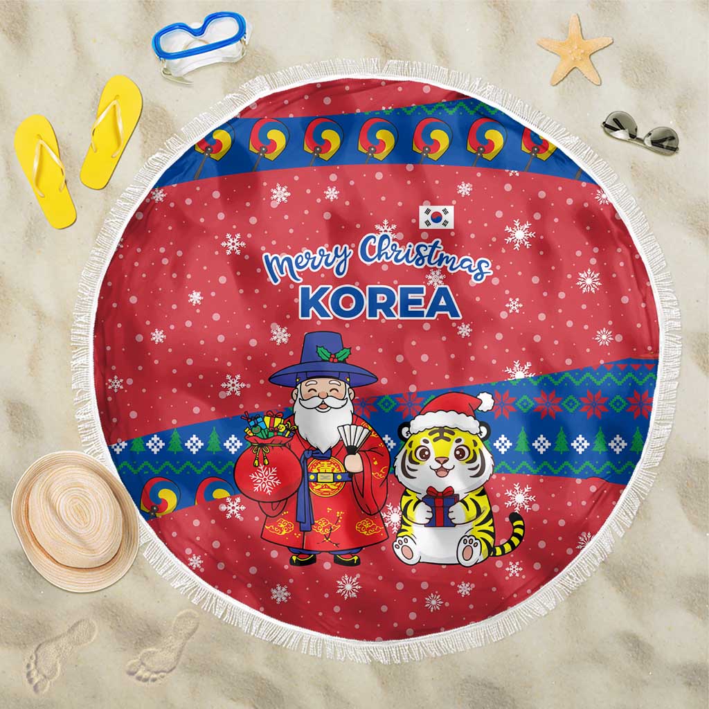 Korea Christmas Beach Blanket with Santa in Hanbok Tiger Character and Traditional Mask Pattern Design - Wonder Print Shop