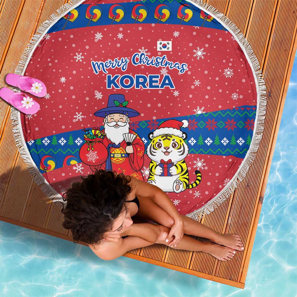 Korea Christmas Beach Blanket with Santa in Hanbok Tiger Character and Traditional Mask Pattern Design - Wonder Print Shop
