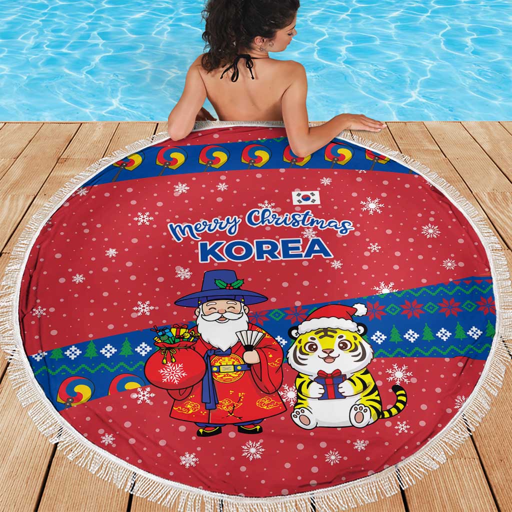 Korea Christmas Beach Blanket with Santa in Hanbok Tiger Character and Traditional Mask Pattern Design - Wonder Print Shop