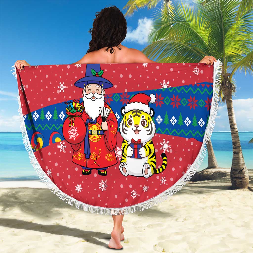 Korea Christmas Beach Blanket with Santa in Hanbok Tiger Character and Traditional Mask Pattern Design - Wonder Print Shop