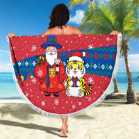 Korea Christmas Beach Blanket with Santa in Hanbok Tiger Character and Traditional Mask Pattern Design - Wonder Print Shop