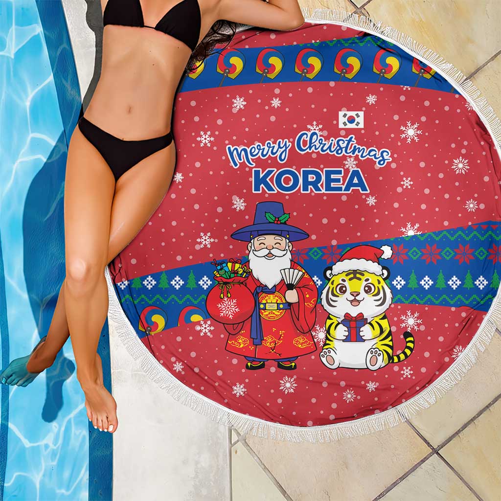 Korea Christmas Beach Blanket with Santa in Hanbok Tiger Character and Traditional Mask Pattern Design - Wonder Print Shop