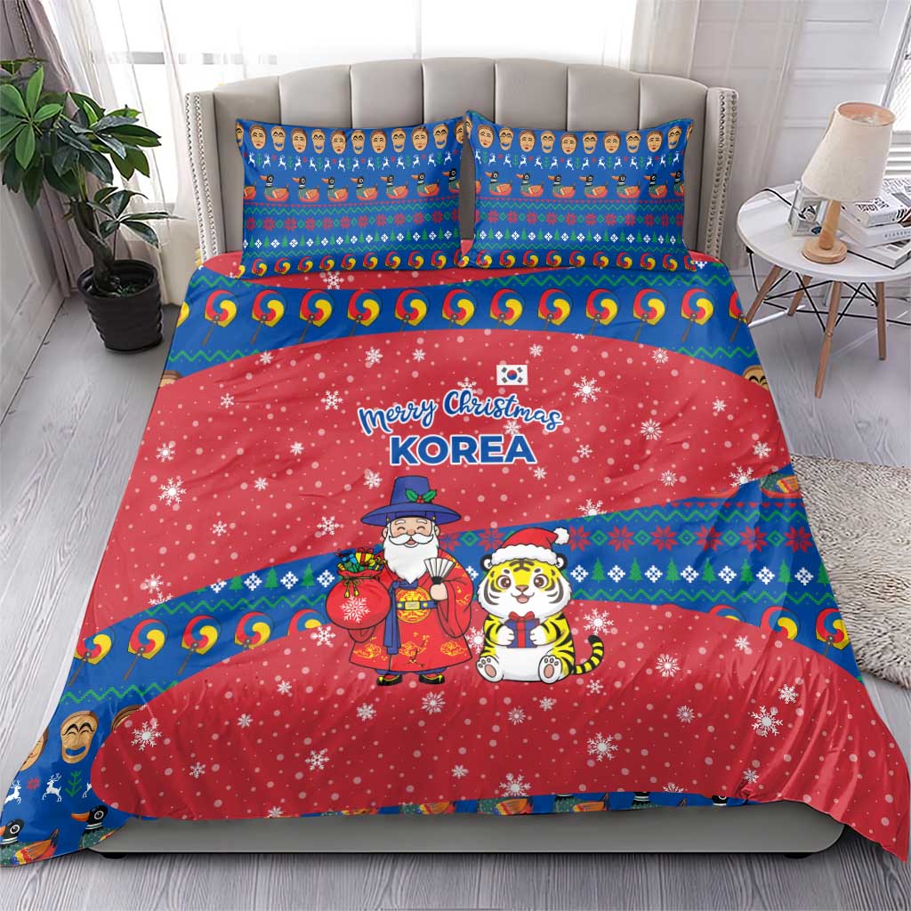 Korea Christmas Bedding Set with Santa in Hanbok Tiger Character and Traditional Mask Pattern Design - Wonder Print Shop