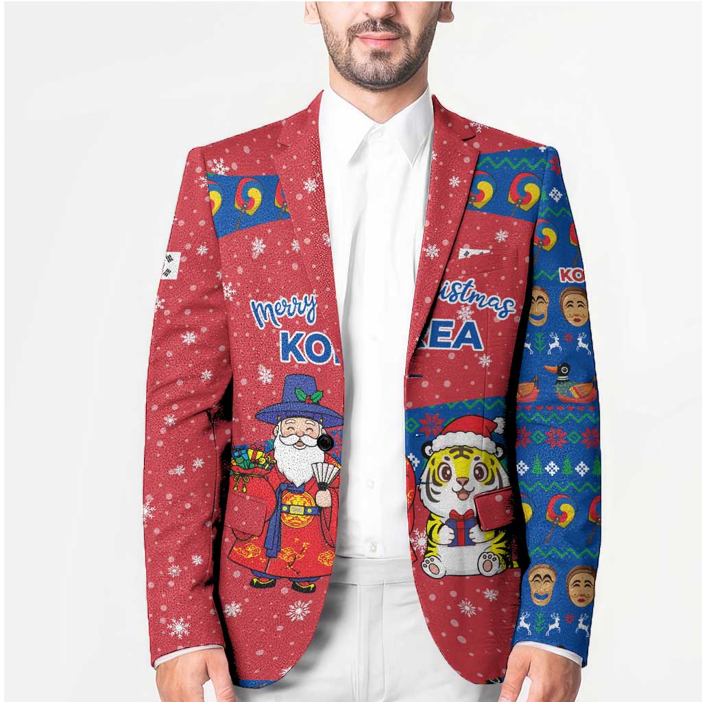 Korea Christmas Blazer with Santa in Hanbok Tiger Character and Traditional Mask Pattern Design - Wonder Print Shop