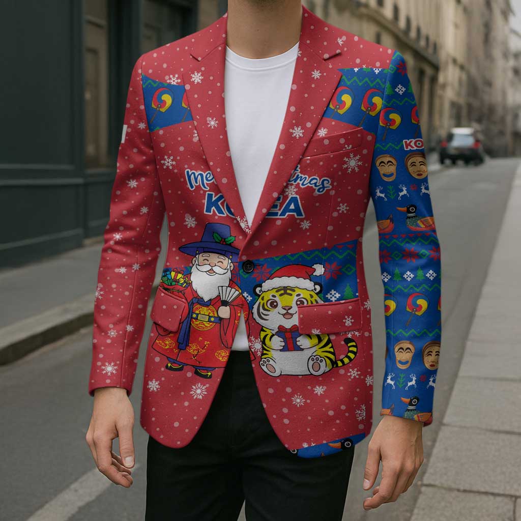 Korea Christmas Blazer with Santa in Hanbok Tiger Character and Traditional Mask Pattern Design - Wonder Print Shop