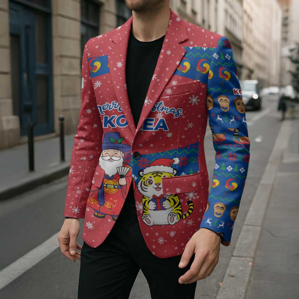 Korea Christmas Blazer with Santa in Hanbok Tiger Character and Traditional Mask Pattern Design - Wonder Print Shop