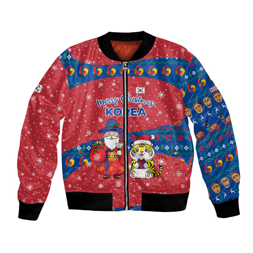 Korea Christmas Bomber Jacket with Santa in Hanbok Tiger Character and Traditional Mask Pattern Design - Wonder Print Shop