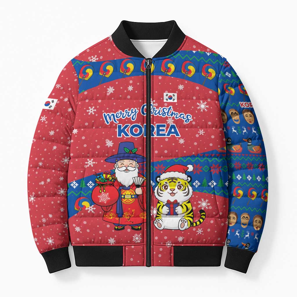 Korea Christmas Bomber Puffer Jacket with Santa in Hanbok Tiger Character and Traditional Mask Pattern Design - Wonder Print Shop