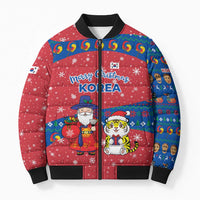 Korea Christmas Bomber Puffer Jacket with Santa in Hanbok Tiger Character and Traditional Mask Pattern Design - Wonder Print Shop