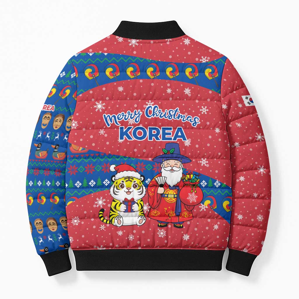 Korea Christmas Bomber Puffer Jacket with Santa in Hanbok Tiger Character and Traditional Mask Pattern Design - Wonder Print Shop