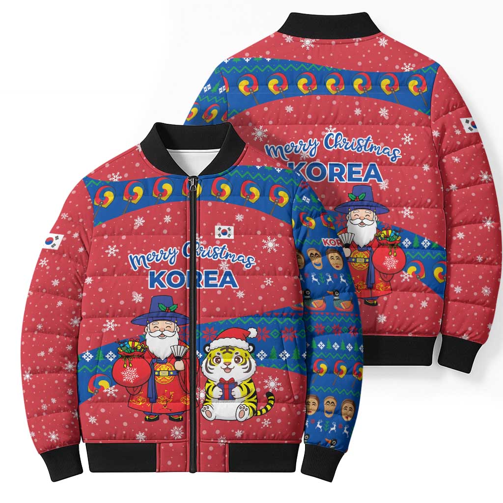 Korea Christmas Bomber Puffer Jacket with Santa in Hanbok Tiger Character and Traditional Mask Pattern Design - Wonder Print Shop