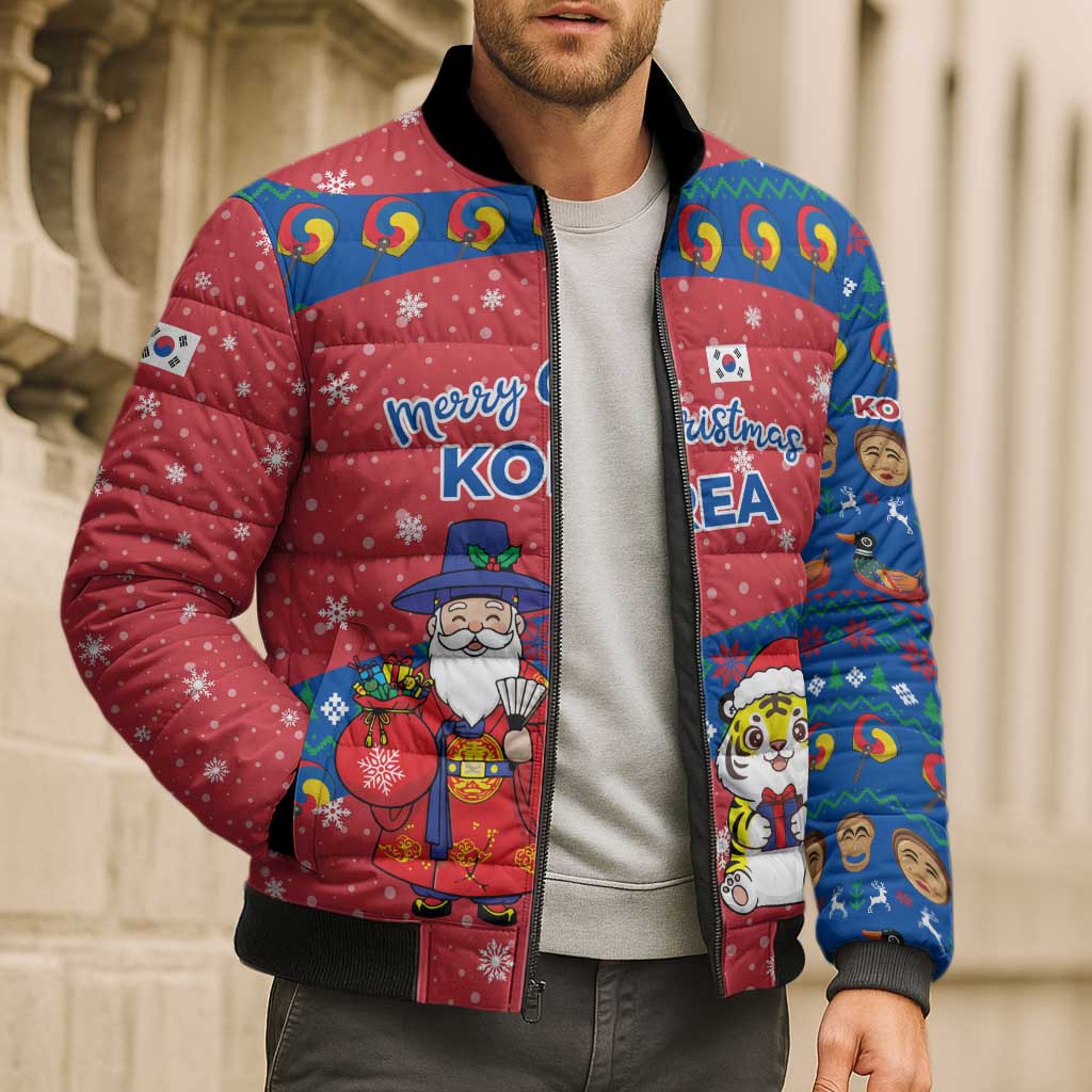 Korea Christmas Bomber Puffer Jacket with Santa in Hanbok Tiger Character and Traditional Mask Pattern Design - Wonder Print Shop