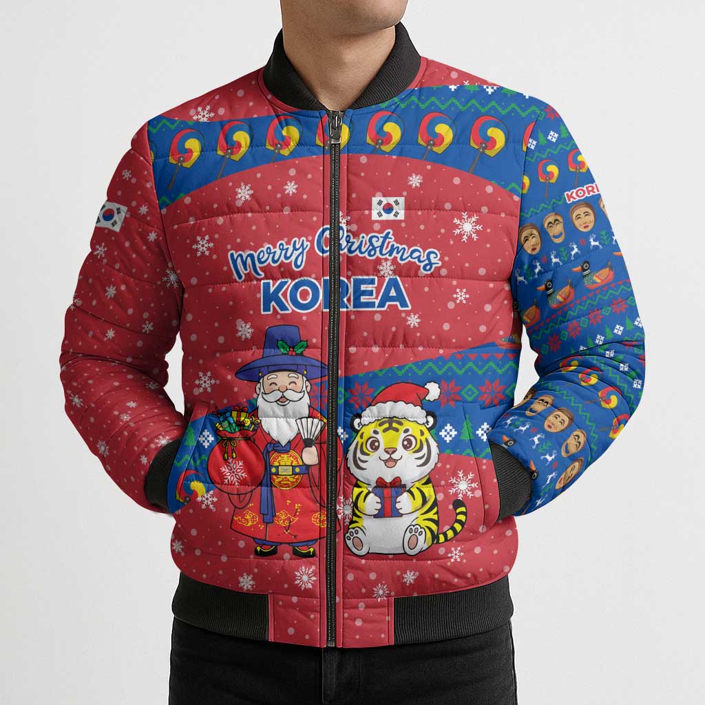 Korea Christmas Bomber Puffer Jacket with Santa in Hanbok Tiger Character and Traditional Mask Pattern Design - Wonder Print Shop