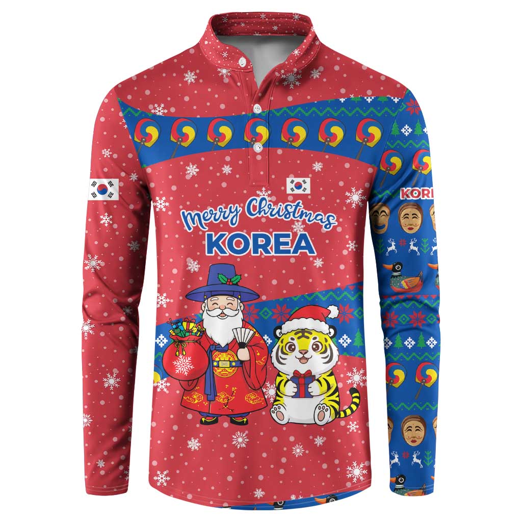 Korea Christmas Button Sweatshirt with Santa in Hanbok Tiger Character and Traditional Mask Pattern Design - Wonder Print Shop