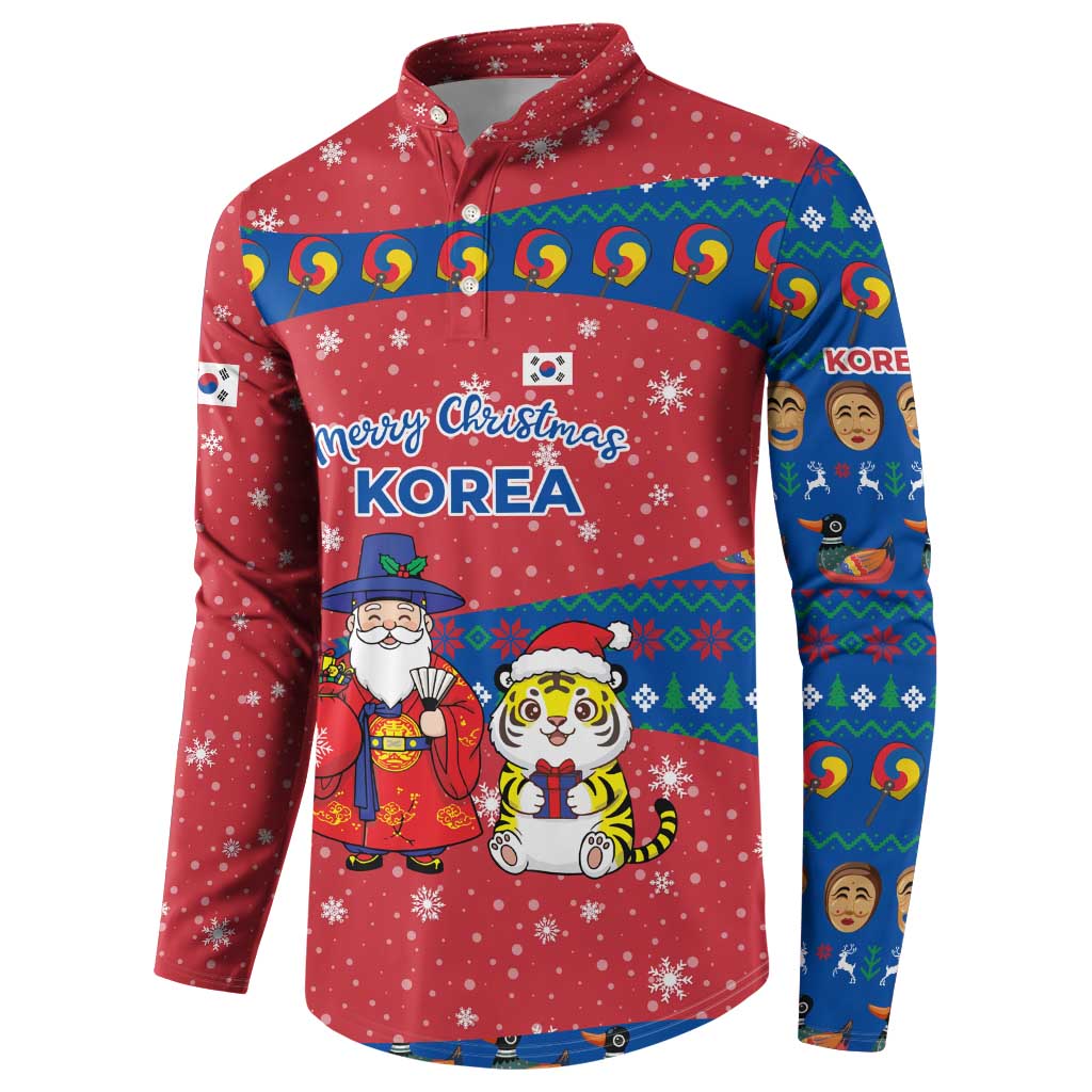 Korea Christmas Button Sweatshirt with Santa in Hanbok Tiger Character and Traditional Mask Pattern Design - Wonder Print Shop