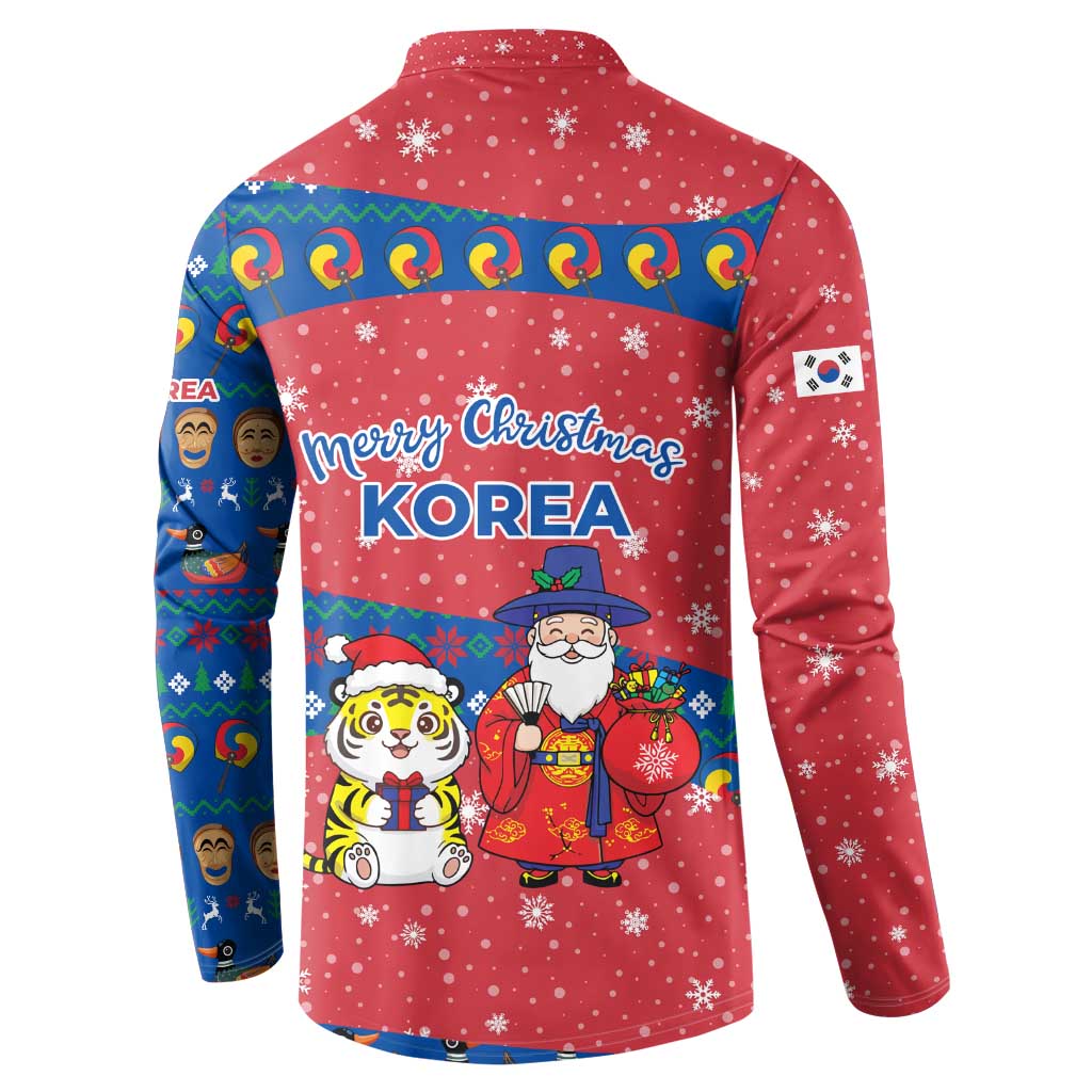 Korea Christmas Button Sweatshirt with Santa in Hanbok Tiger Character and Traditional Mask Pattern Design - Wonder Print Shop