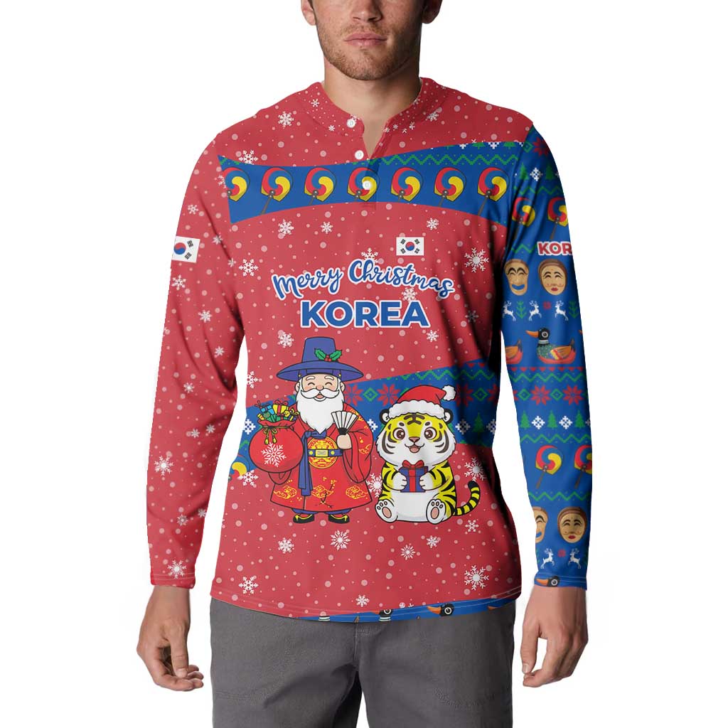 Korea Christmas Button Sweatshirt with Santa in Hanbok Tiger Character and Traditional Mask Pattern Design - Wonder Print Shop