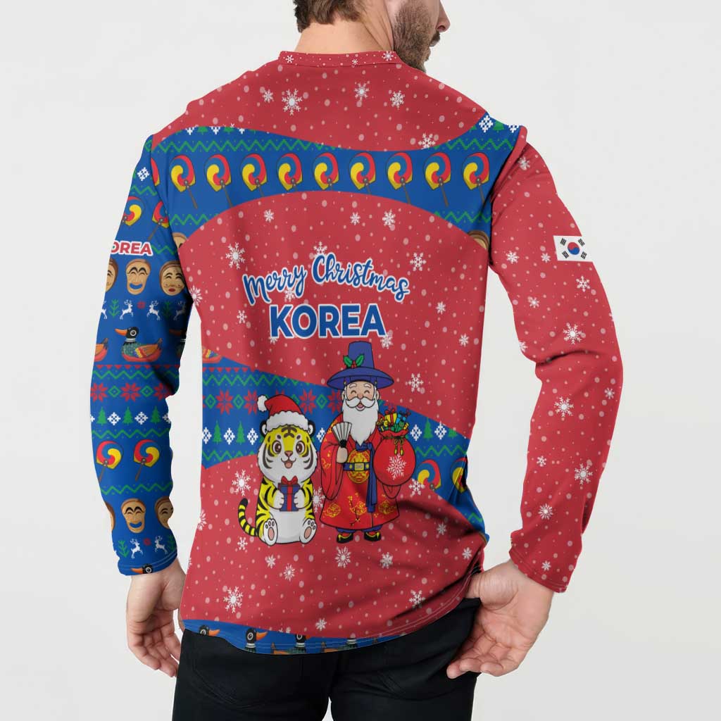 Korea Christmas Button Sweatshirt with Santa in Hanbok Tiger Character and Traditional Mask Pattern Design - Wonder Print Shop