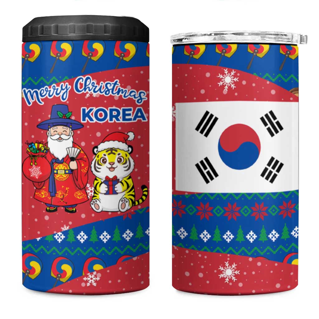 Korea Christmas 4 in 1 Can Cooler Tumbler with Santa in Hanbok Tiger Character and Traditional Mask Pattern Design - Wonder Print Shop