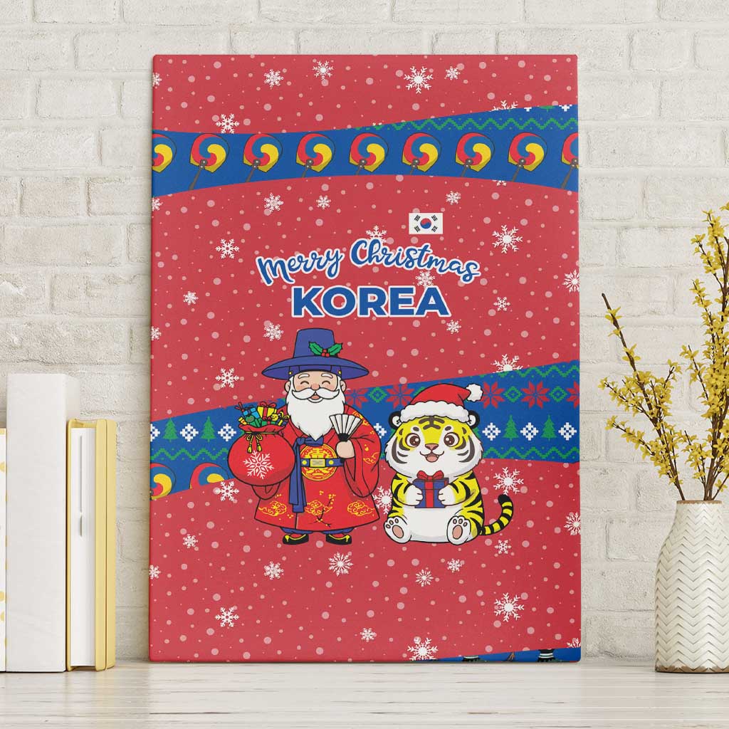 Korea Christmas Canvas Wall Art with Santa in Hanbok Tiger Character and Traditional Mask Pattern Design - Wonder Print Shop