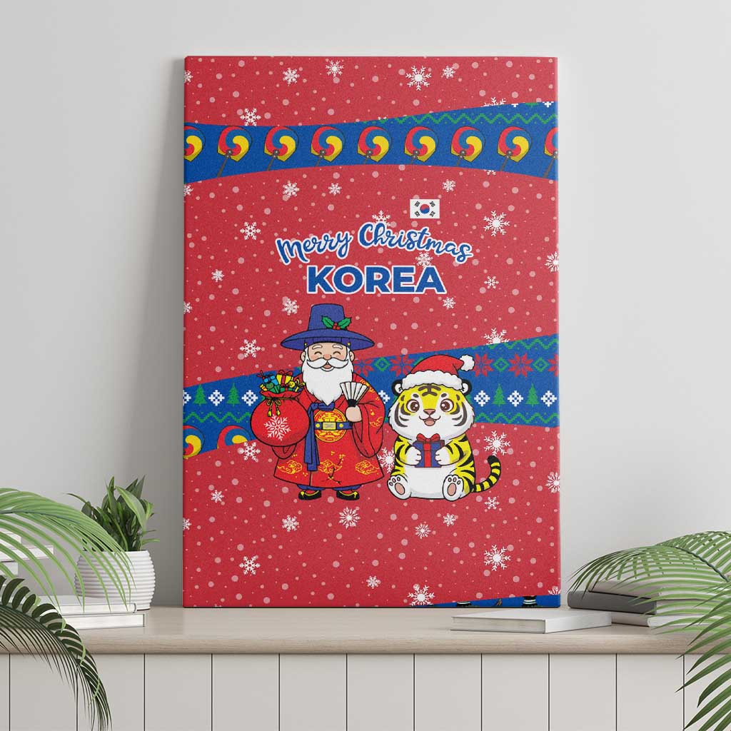 Korea Christmas Canvas Wall Art with Santa in Hanbok Tiger Character and Traditional Mask Pattern Design - Wonder Print Shop