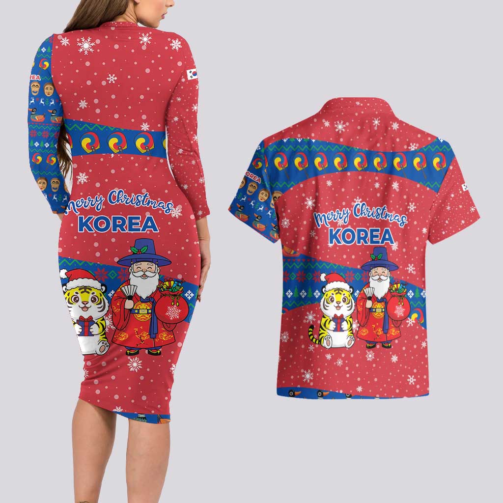 Korea Christmas Couples Matching Long Sleeve Bodycon Dress and Hawaiian Shirt with Santa in Hanbok Tiger Character and Traditional Mask Pattern Design - Wonder Print Shop