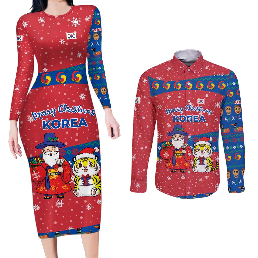 Korea Christmas Couples Matching Long Sleeve Bodycon Dress and Long Sleeve Button Shirt with Santa in Hanbok Tiger Character and Traditional Mask Pattern Design - Wonder Print Shop
