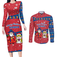 Korea Christmas Couples Matching Long Sleeve Bodycon Dress and Long Sleeve Button Shirt with Santa in Hanbok Tiger Character and Traditional Mask Pattern Design - Wonder Print Shop