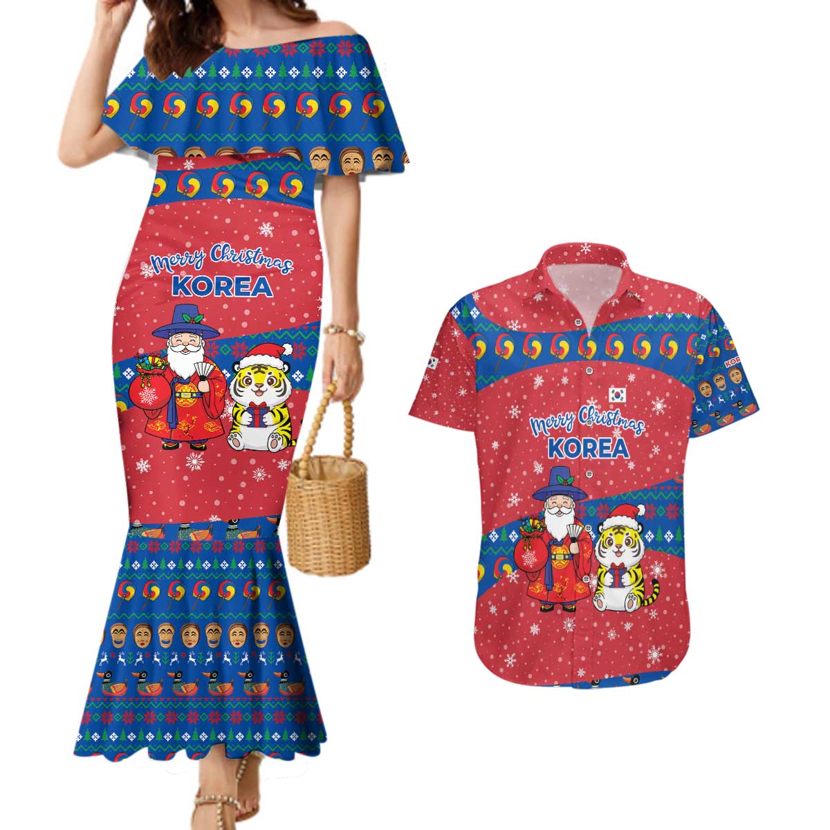 Korea Christmas Couples Matching Mermaid Dress and Hawaiian Shirt with Santa in Hanbok Tiger Character and Traditional Mask Pattern Design - Wonder Print Shop