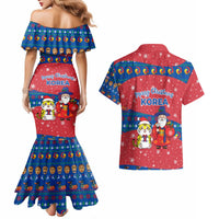 Korea Christmas Couples Matching Mermaid Dress and Hawaiian Shirt with Santa in Hanbok Tiger Character and Traditional Mask Pattern Design - Wonder Print Shop
