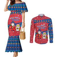 Korea Christmas Couples Matching Mermaid Dress and Long Sleeve Button Shirt with Santa in Hanbok Tiger Character and Traditional Mask Pattern Design - Wonder Print Shop