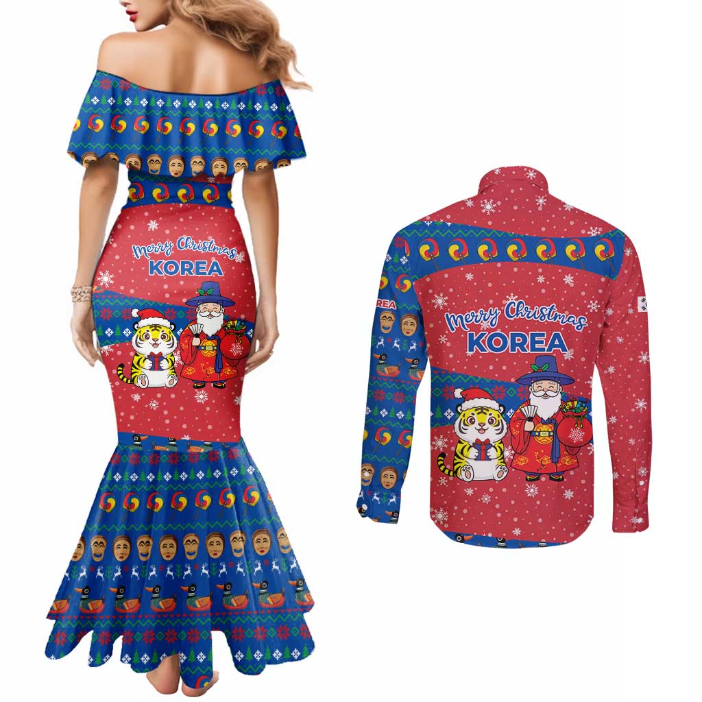 Korea Christmas Couples Matching Mermaid Dress and Long Sleeve Button Shirt with Santa in Hanbok Tiger Character and Traditional Mask Pattern Design - Wonder Print Shop