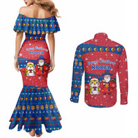 Korea Christmas Couples Matching Mermaid Dress and Long Sleeve Button Shirt with Santa in Hanbok Tiger Character and Traditional Mask Pattern Design - Wonder Print Shop
