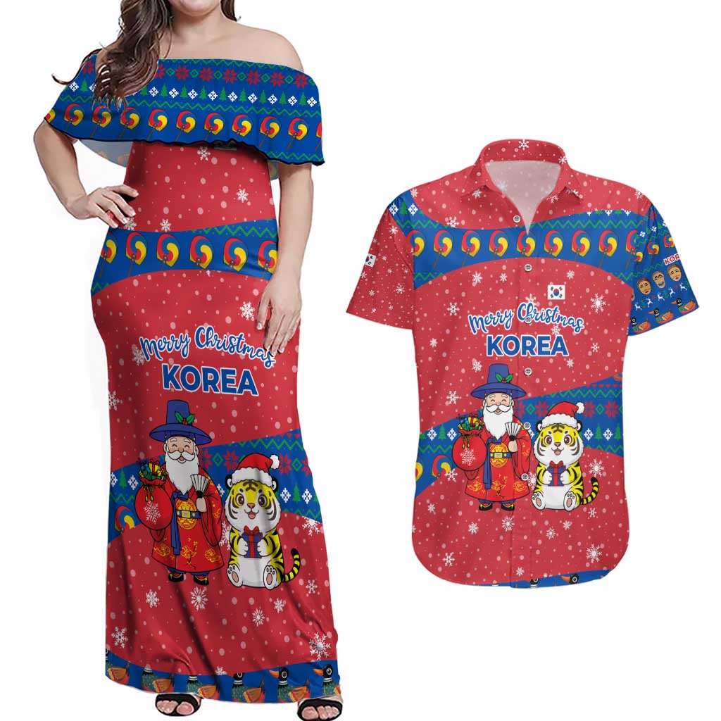 Korea Christmas Couples Matching Off Shoulder Maxi Dress and Hawaiian Shirt with Santa in Hanbok Tiger Character and Traditional Mask Pattern Design - Wonder Print Shop