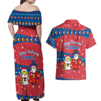 Korea Christmas Couples Matching Off Shoulder Maxi Dress and Hawaiian Shirt with Santa in Hanbok Tiger Character and Traditional Mask Pattern Design - Wonder Print Shop