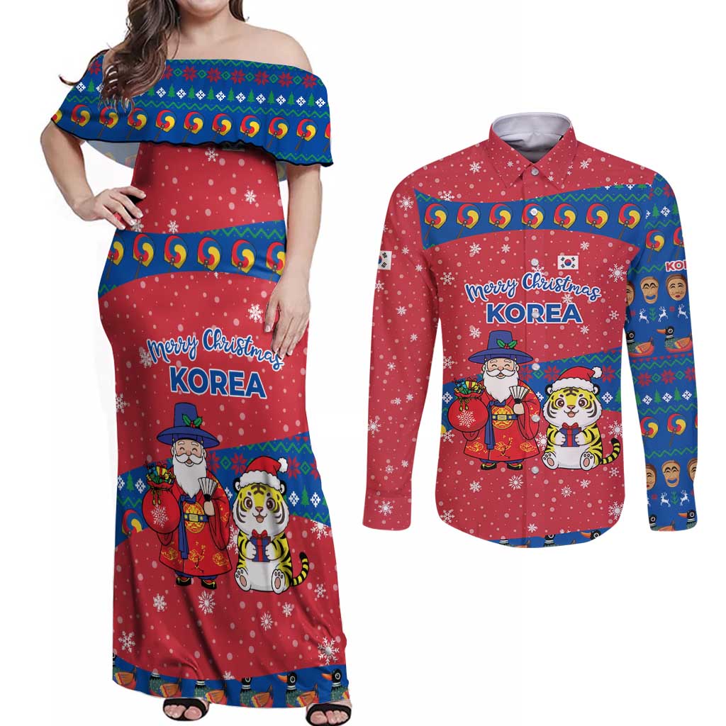 Korea Christmas Couples Matching Off Shoulder Maxi Dress and Long Sleeve Button Shirt with Santa in Hanbok Tiger Character and Traditional Mask Pattern Design - Wonder Print Shop