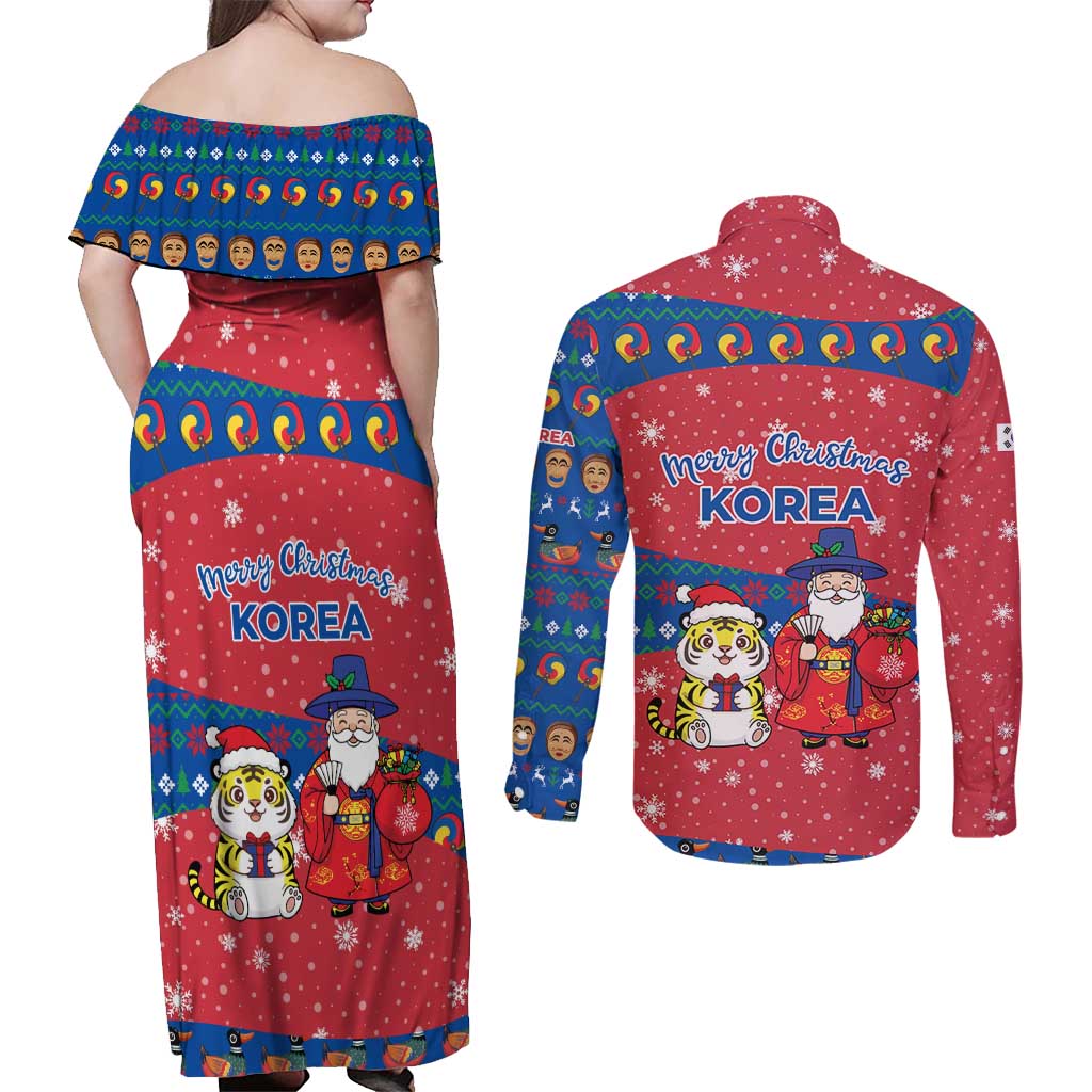 Korea Christmas Couples Matching Off Shoulder Maxi Dress and Long Sleeve Button Shirt with Santa in Hanbok Tiger Character and Traditional Mask Pattern Design - Wonder Print Shop