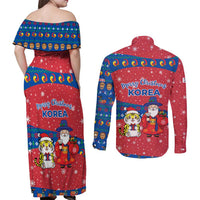 Korea Christmas Couples Matching Off Shoulder Maxi Dress and Long Sleeve Button Shirt with Santa in Hanbok Tiger Character and Traditional Mask Pattern Design - Wonder Print Shop
