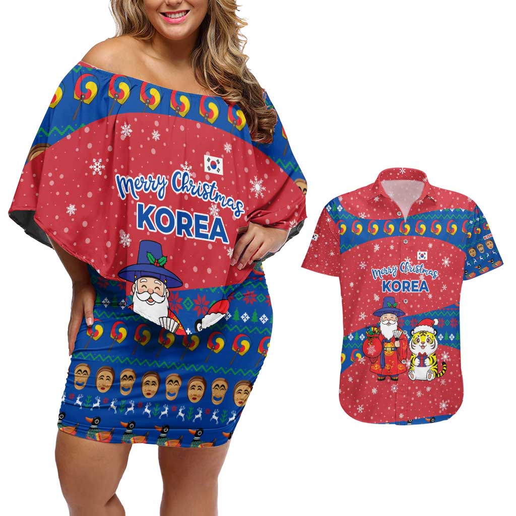 Korea Christmas Couples Matching Off Shoulder Short Dress and Hawaiian Shirt with Santa in Hanbok Tiger Character and Traditional Mask Pattern Design - Wonder Print Shop