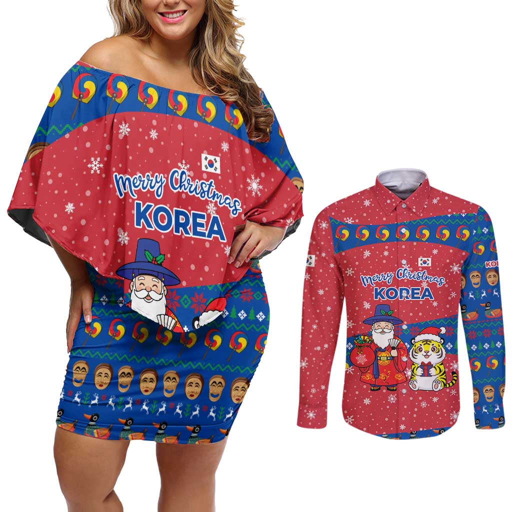 Korea Christmas Couples Matching Off Shoulder Short Dress and Long Sleeve Button Shirt with Santa in Hanbok Tiger Character and Traditional Mask Pattern Design - Wonder Print Shop