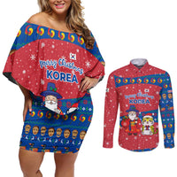 Korea Christmas Couples Matching Off Shoulder Short Dress and Long Sleeve Button Shirt with Santa in Hanbok Tiger Character and Traditional Mask Pattern Design - Wonder Print Shop