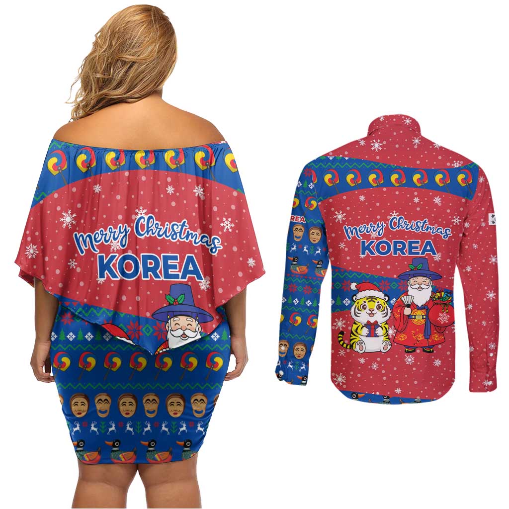 Korea Christmas Couples Matching Off Shoulder Short Dress and Long Sleeve Button Shirt with Santa in Hanbok Tiger Character and Traditional Mask Pattern Design - Wonder Print Shop